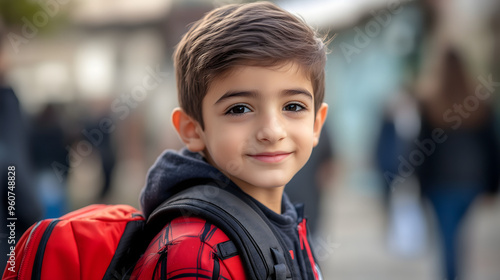 Niño con mochila de camino al colegio
