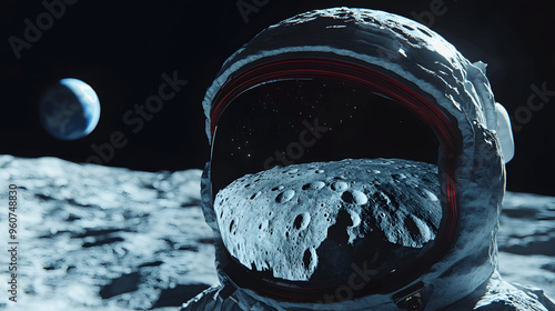 Close-up of astronaut's helmet reflecting the Moon and Earth