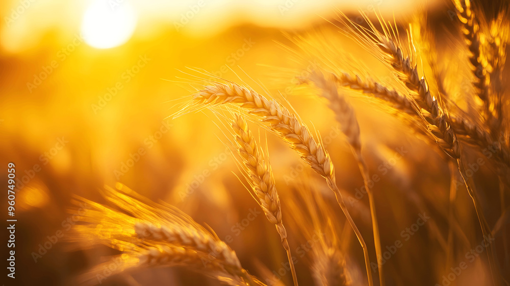 Close-up of wheat stalks blowing in wind with golden glow Close-up of wheat stalks blowing in wind with golden glow