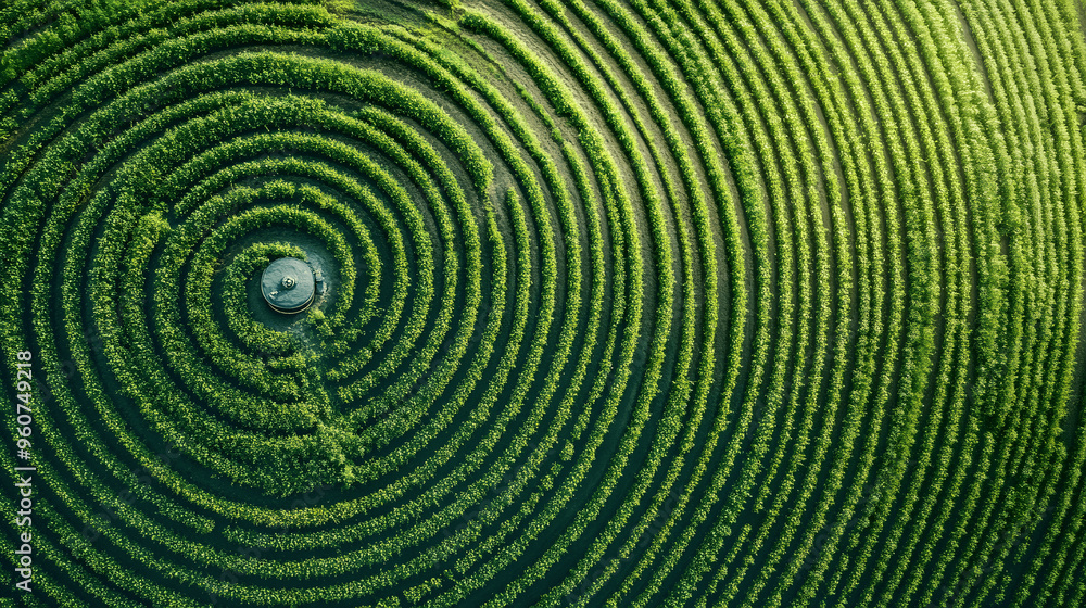 Aerial view of irrigation system watering circular crop field Aerial view of irrigation system watering circular crop field
