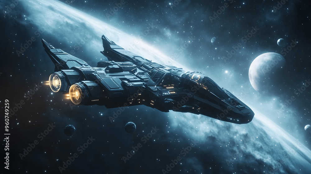 Futuristic spaceship flying through deep space with planets Futuristic spaceship flying through deep space with planets