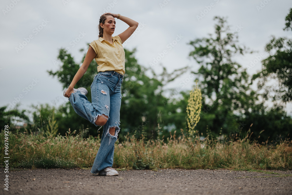 Young girl having fun alone in the park wearing casual outfit. Enjoying playful and carefree moments in nature. Young girl having fun alone in the park wearing casual outfit. Enjoying playful and carefree moments in nature.