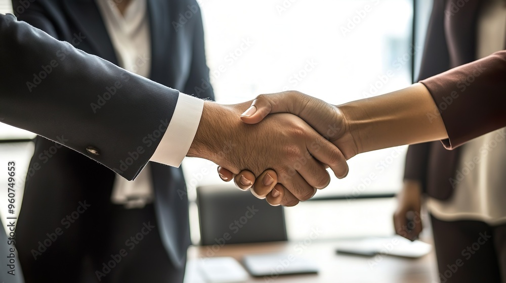 A man shakes hands with a woman in a business setting A man shakes hands with a woman in a business setting