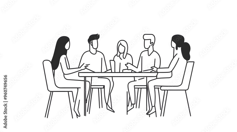 A simple line drawing of five people sitting around a table, talking against a white background A simple line drawing of five people sitting around a table, talking against a white background