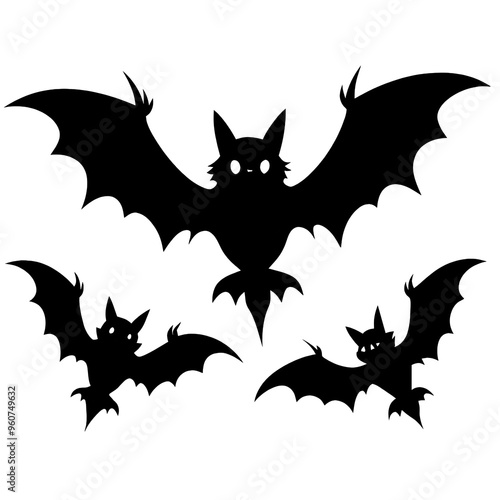 Three black silhouette bats display their wings against a white background making a perfect decorative element for Halloween celebrations and artwork