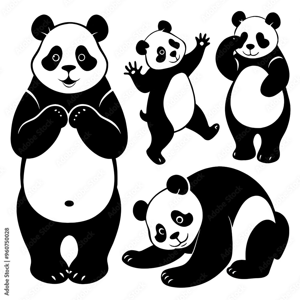 Obraz premium A collection of black silhouette pandas in different playful poses captures their charm and character in isolated art suitable for various design uses
