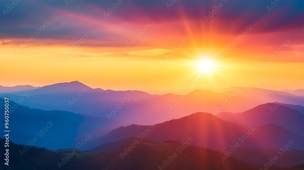 A beautiful mountain range with a bright orange sun in the sky A beautiful mountain range with a bright orange sun in the sky