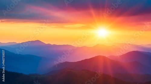 Wallpaper Mural A beautiful mountain range with a bright orange sun in the sky Torontodigital.ca