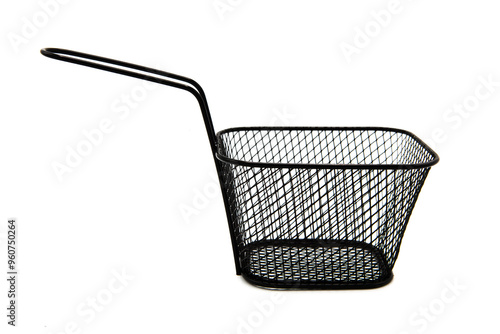 Empty black wire chip or French fries serving deep fryer basket isolated on white background with clipping path and copy space. Small metal wire frying basket.