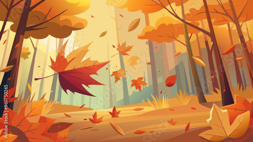 Autumn Pathway with Sunlight and Falling Leaves, Serene Forest Scene, Vibrant Fall Colors