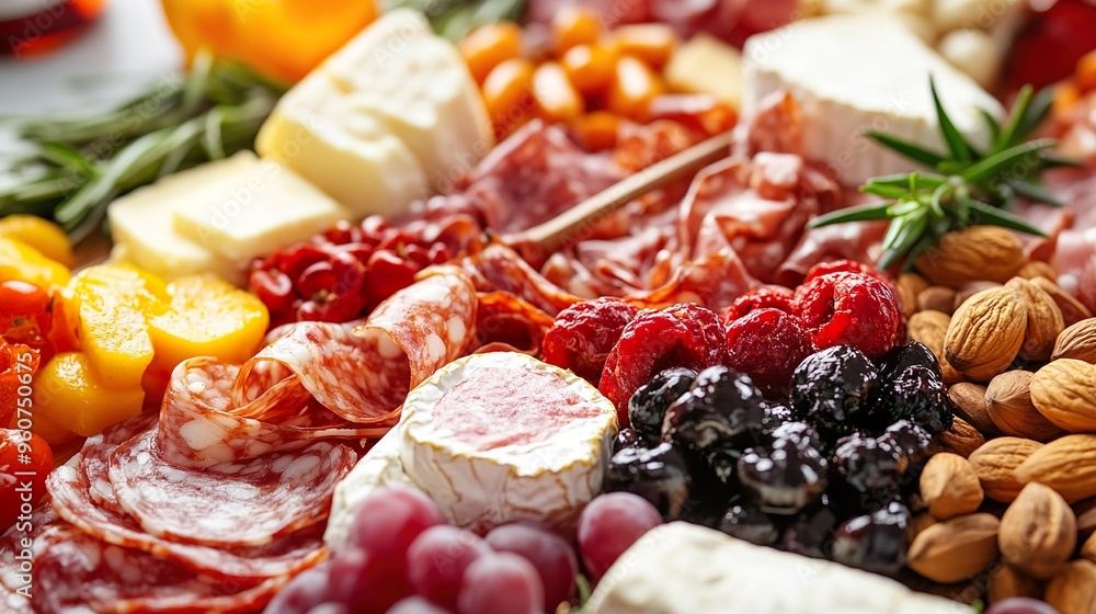 A platter of food with a variety of meats, cheeses, and fruits A platter of food with a variety of meats, cheeses, and fruits
