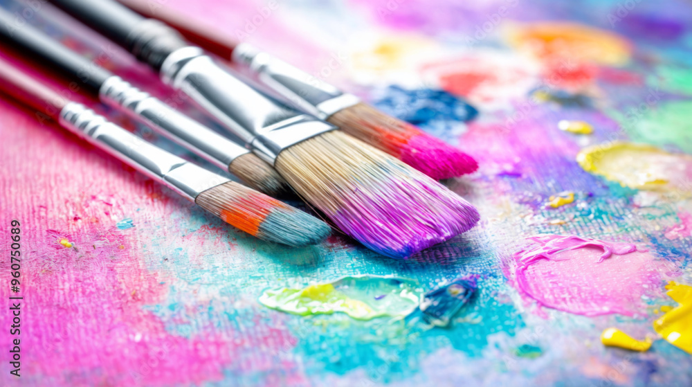 Colorful paintbrushes resting on a vibrant palette covered in splashes of paint in a creative workspace setting Colorful paintbrushes resting on a vibrant palette covered in splashes of paint in a creative workspace setting