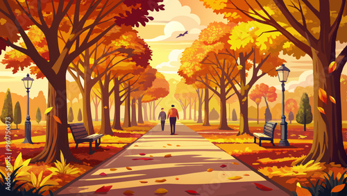 Autumn Park with Couples Walking, Vibrant Fall Pathway, Golden Foliage Scene
