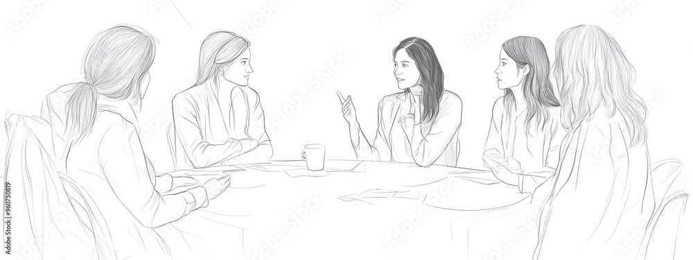 A simple line drawing of five people sitting around a table, talking against a white background A simple line drawing of five people sitting around a table, talking against a white background