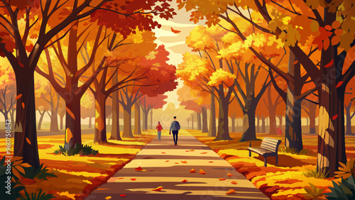 Autumn Park Pathway with Golden Trees, Tranquil Walking Scene, Fall Foliage