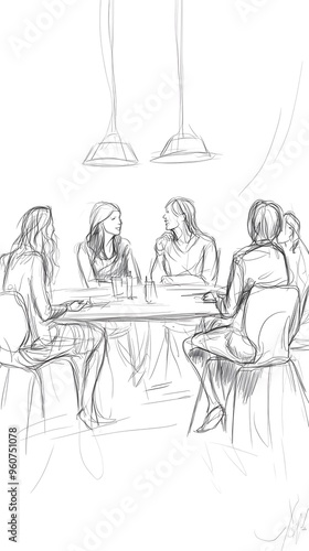 A simple line drawing of five people sitting around a table, talking against a white background