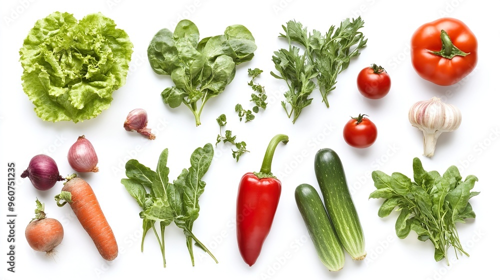 A variety of vegetables and herbs are displayed on a white background A variety of vegetables and herbs are displayed on a white background