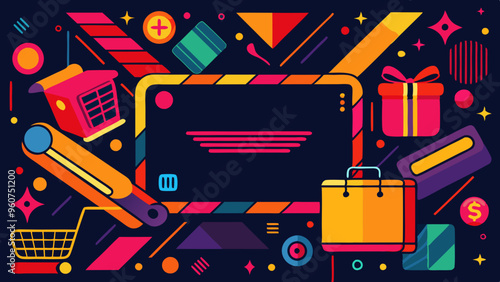 E-commerce and Digital Shopping Concept with Bright Colors and Cart Illustration