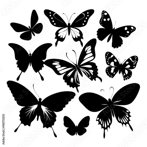 A diverse arrangement of black silhouette butterflies showcasing different styles and sizes ideal for artistic projects decorations or crafts