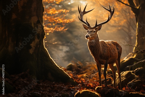 Elegant stag with impressive antlers standing in a serene autumn forest at sunset