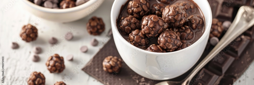 Delight in chocolate cereal balls immersed in milk and accompanied by a spoon, ideal for a quick and tasty breakfast or snack featuring dairy components. Delight in chocolate cereal balls immersed in milk and accompanied by a spoon, ideal for a quick and tasty breakfast or snack featuring dairy components.