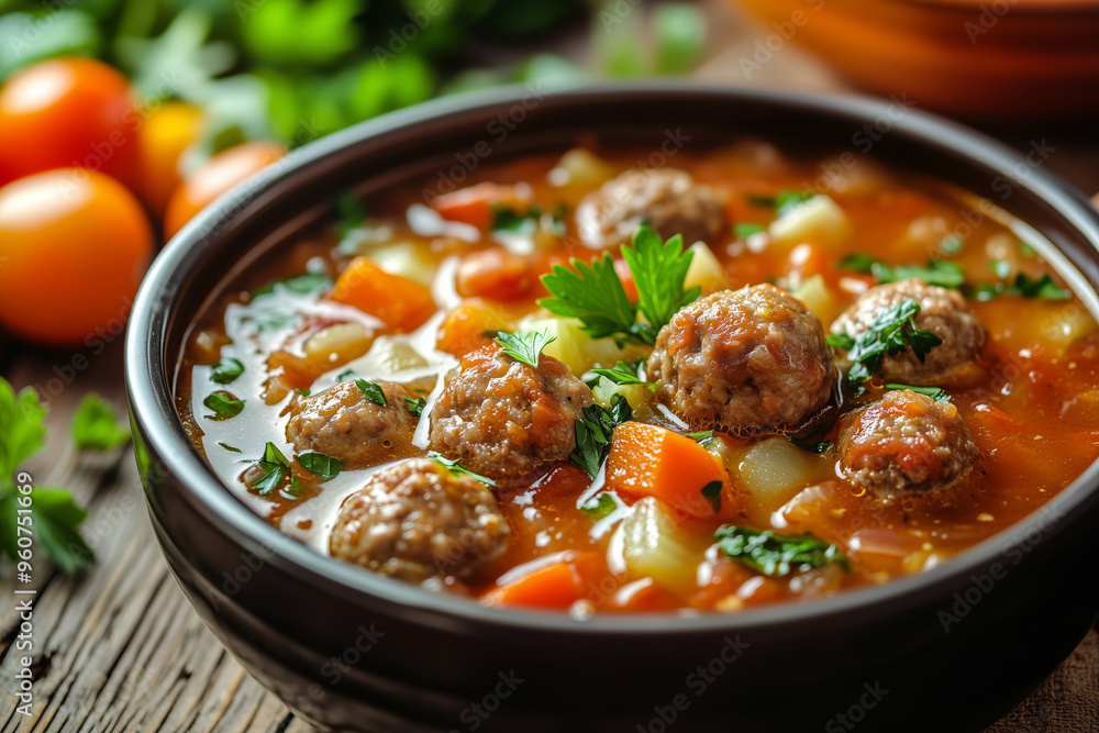 Savor the warmth of hot stew meatball soup with colorful vegetables simmering in a rustic bowl Savor the warmth of hot stew meatball soup with colorful vegetables simmering in a rustic bowl