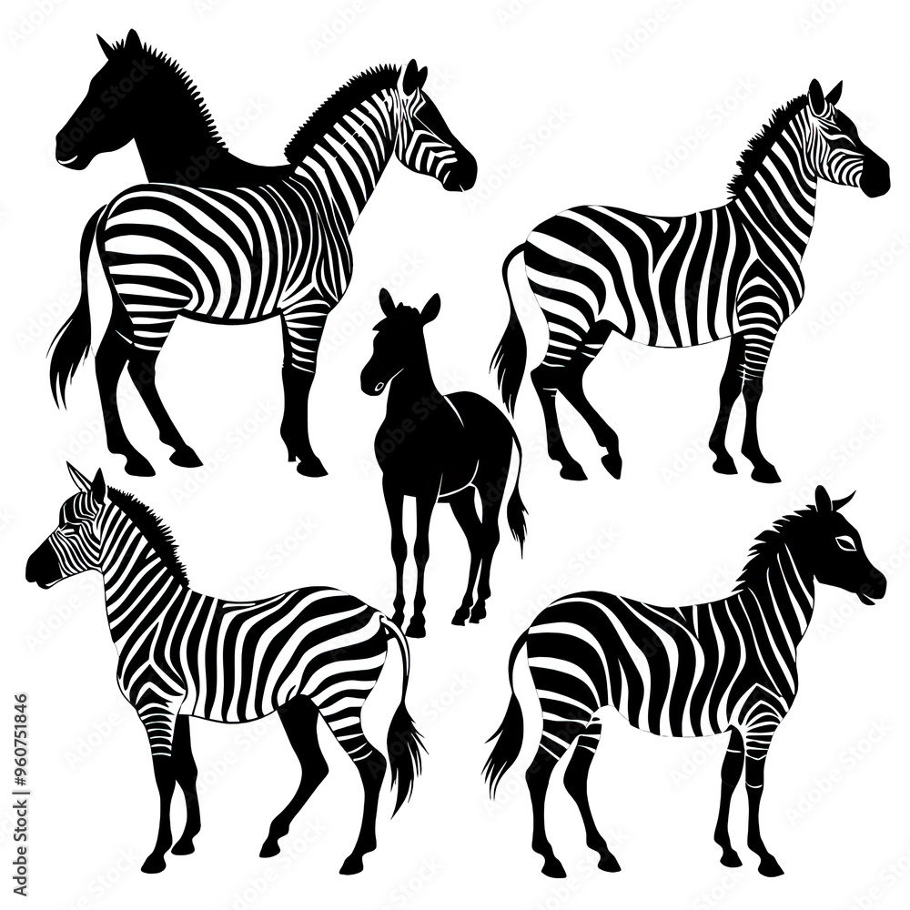 A lively composition showcases a group of zebras in distinct poses exhibiting their unique patterns and forms in a creative art scale A lively composition showcases a group of zebras in distinct poses exhibiting their unique patterns and forms in a creative art scale