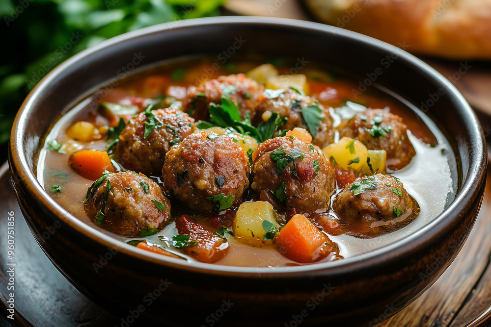 Hearty meatballs swimming in a rich vegetable soup brimming with fresh ingredients and herbs at a cozy dinner table Hearty meatballs swimming in a rich vegetable soup brimming with fresh ingredients and herbs at a cozy dinner table