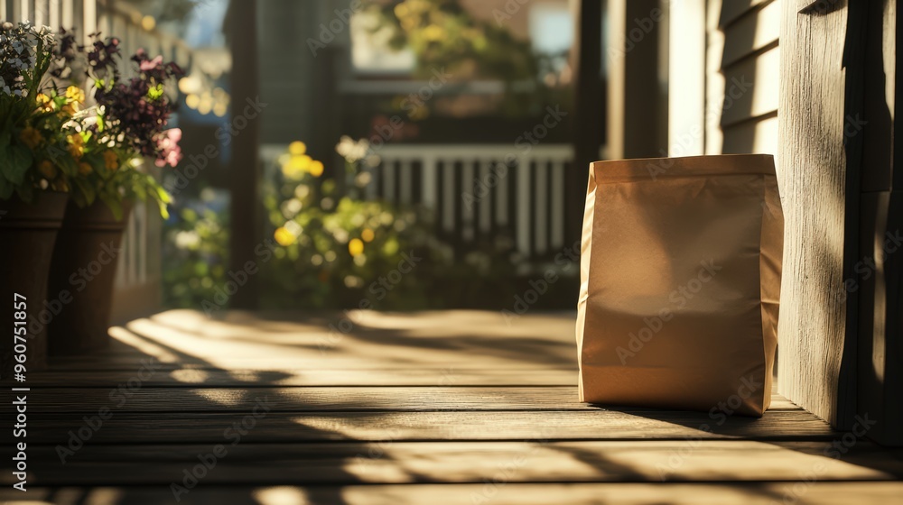 Food goods grocery bag standing near the front door, on the doorstep delivery, wallpaper background Food goods grocery bag standing near the front door, on the doorstep delivery, wallpaper background