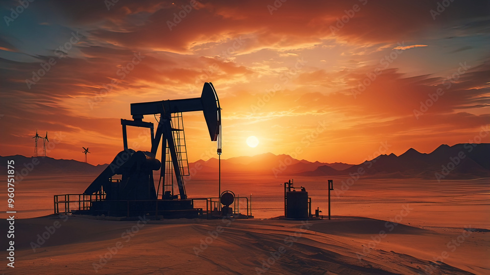silhouette of oil industrial pump in the desert against the sunset, stock quotes chart, silhouette of oil industrial pump in the desert against the sunset, stock quotes chart,