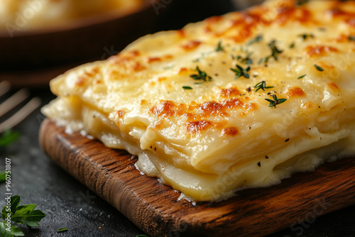 Delicious layers of creamy gratin dauphinois potato with a golden crust served on a rustic wooden board in a cozy kitchen setting photo