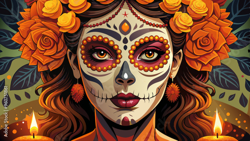 Beautiful Catrina with Orange Flowers and Candlelight, Day of the Dead Portrait