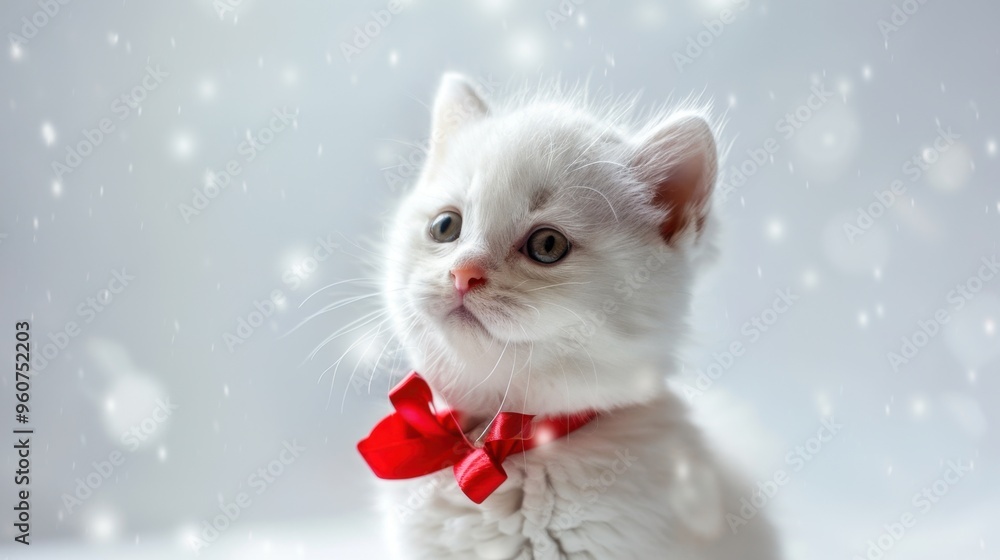 A cute white kitten wearing a red bow tie A cute white kitten wearing a red bow tie