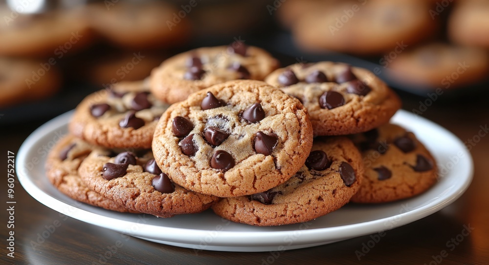 A plate of chocolate chip cookies piled high A plate of chocolate chip cookies piled high