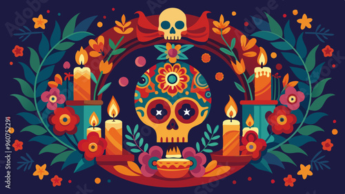 Colorful Day of the Dead Altar with Sugar Skull, Candles, and Flowers