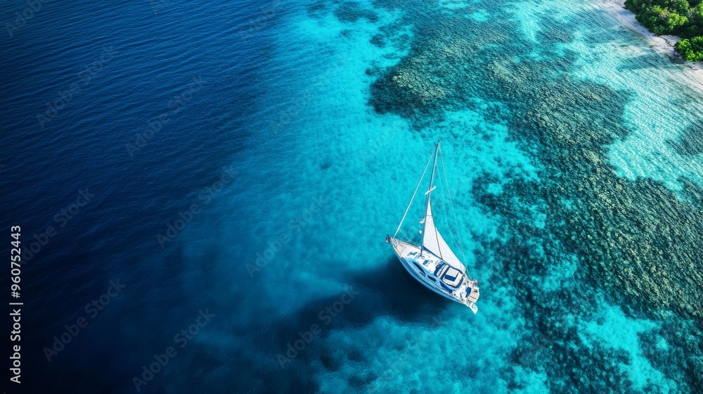 An ultra-wide aerial drone photo shows a sailboat anchored in calm, tropical, turquoise waters, creating a blue lagoon. An ultra-wide aerial drone photo shows a sailboat anchored in calm, tropical, turquoise waters, creating a blue lagoon.