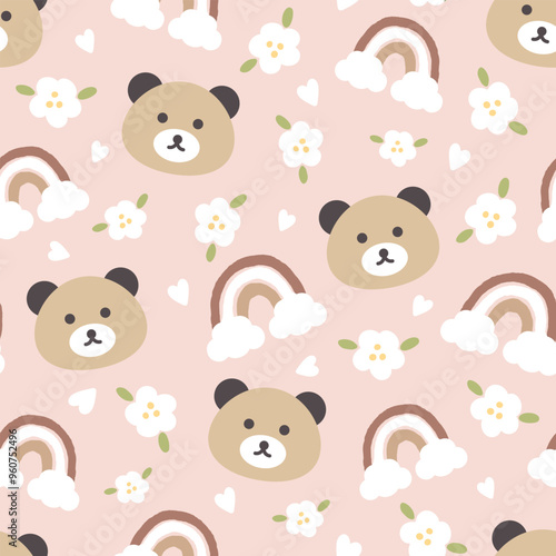 Cute teddy bear on a pink pastel backgroud with hears and rainbow with flowers seamless pattern background.