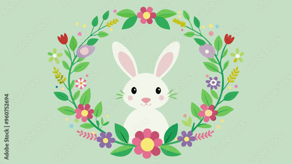 Adorable Bunny with Floral Wreath, Green Background, Spring Illustration Adorable Bunny with Floral Wreath, Green Background, Spring Illustration