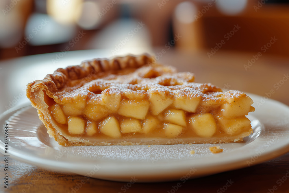 A delicious slice of classic apple pie resting on a delicate blue and white plate, inviting enjoyment during a cozy afternoon gathering A delicious slice of classic apple pie resting on a delicate blue and white plate, inviting enjoyment during a cozy afternoon gathering