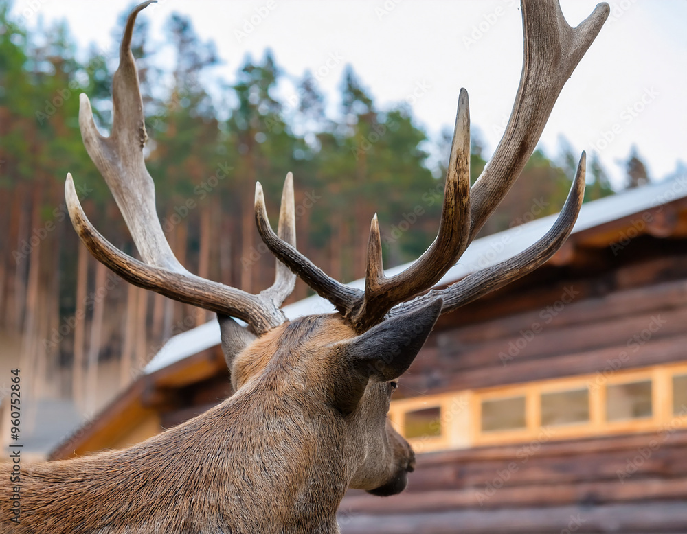 Fototapeta premium Close-up of a deer's antlers with a forest and wooden cabin in the background. The majestic antlers stand out against the natural setting, evoking a sense of wilderness and outdoor life