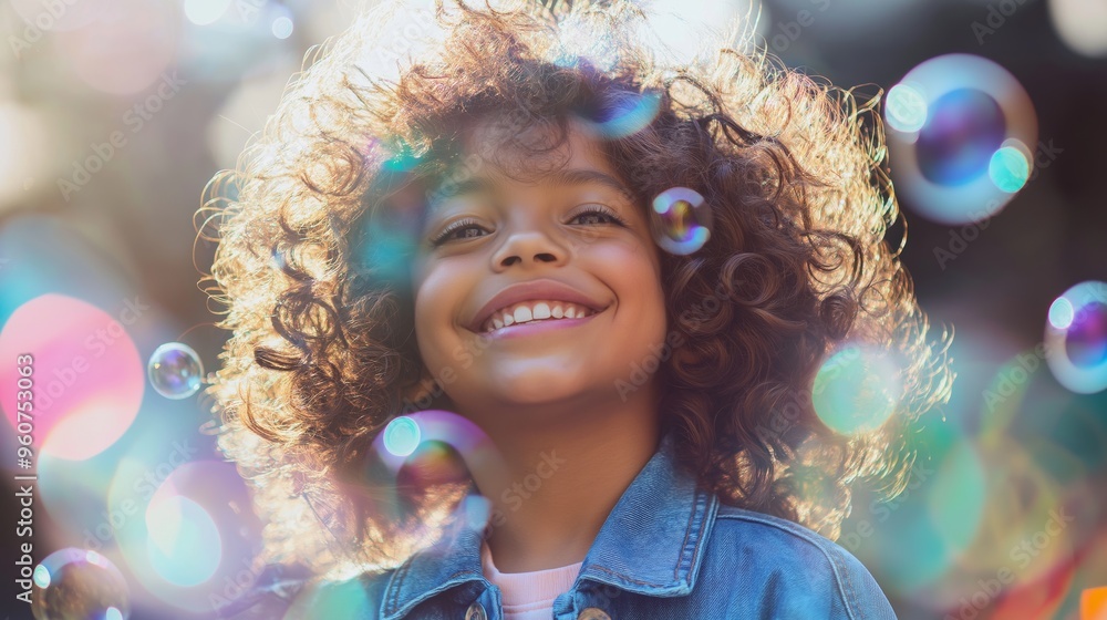 Smiling curly-haired child in a denim jacket surrounded by rainbow bubbles and sunlight outdoors at a festival Smiling curly-haired child in a denim jacket surrounded by rainbow bubbles and sunlight outdoors at a festival