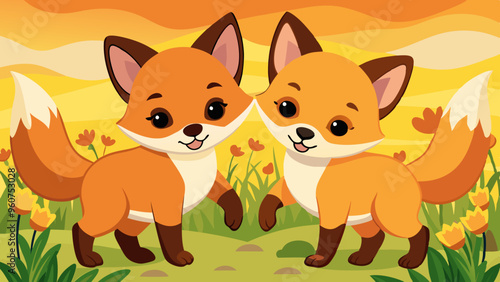 Two Cute Foxes in a Sunny Field, Adorable Cartoon Style