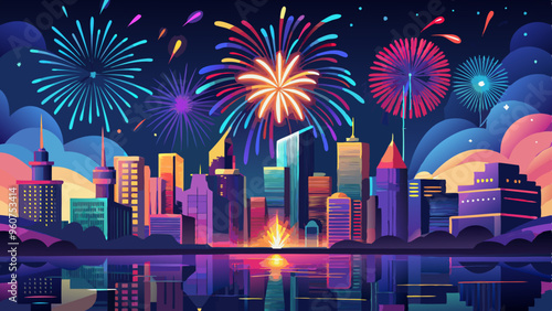 Vibrant City Fireworks, Night Skyline Celebration, Colorful Urban Festivity