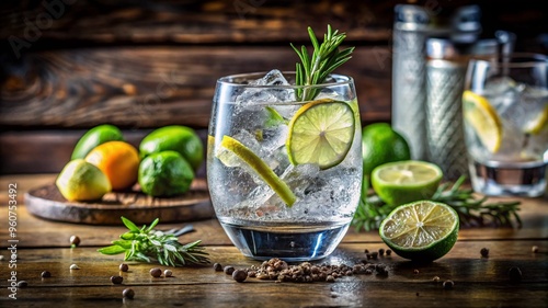 Gin and Tonic with Lemon and Lime Garnish on Rustic Wooden Table.