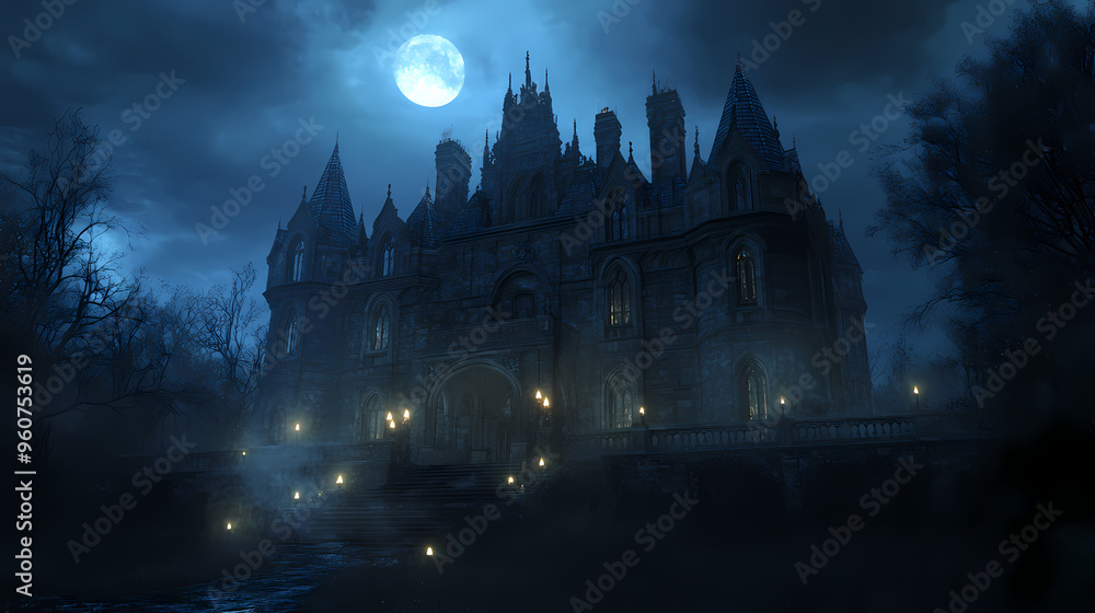 Haunted mansion night, gothic architecture, candles. Haunted Mansion. Illustration Haunted mansion night, gothic architecture, candles. Haunted Mansion. Illustration