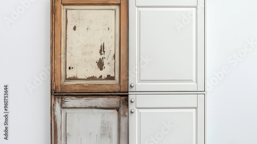 Side-by-side comparison of an old, worn kitchen cabinet and a modern, high-quality kitchen cabinet, highlighting the contrast in style and condition against a white background