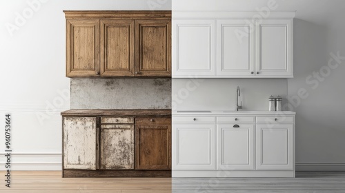 Split image of an old, worn kitchen cabinet contrasted with a modern, high-quality kitchen cabinet on a white background