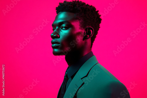 Fashionable Mens Deep Green Suit with Solid Neon Pink High Energy Lifestyle Portrait Background