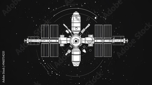 Fototapeta Naklejka Na Ścianę i Meble -  Perspective space station flat design top view outer space infrastructure theme animation black and white. Space Station. Illustration