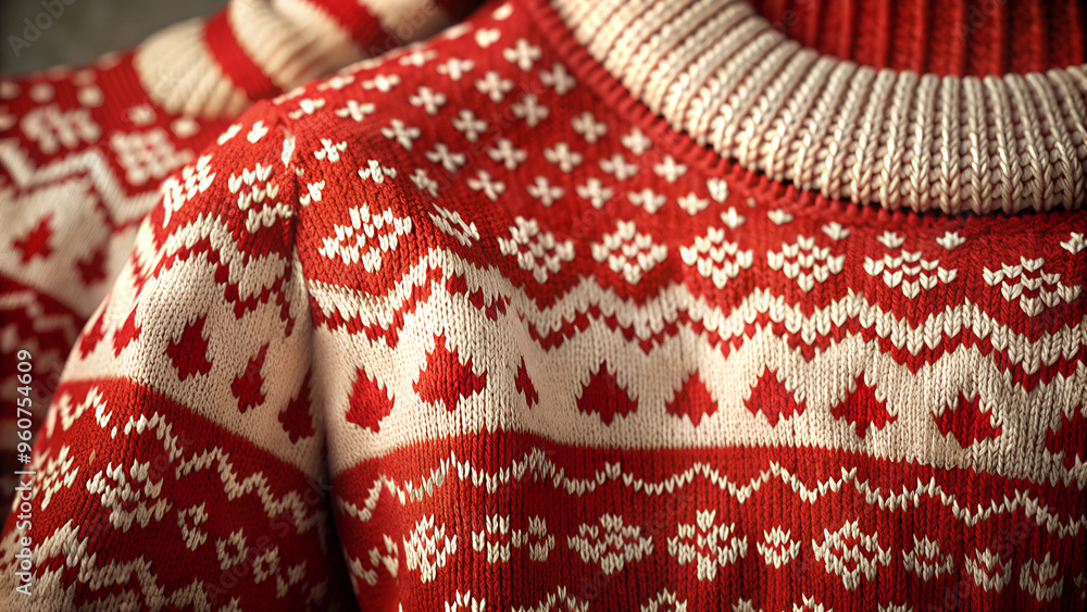 Cozy knitted sweater with red and white patterns for winter fashion Cozy knitted sweater with red and white patterns for winter fashion